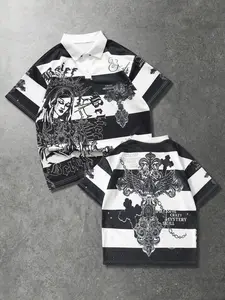 Men's Striped Polo Shirt, Gothic Print, Y2K Street Style, Quick-Dry Mesh Fabric, Casual Wear, Urban Fashion