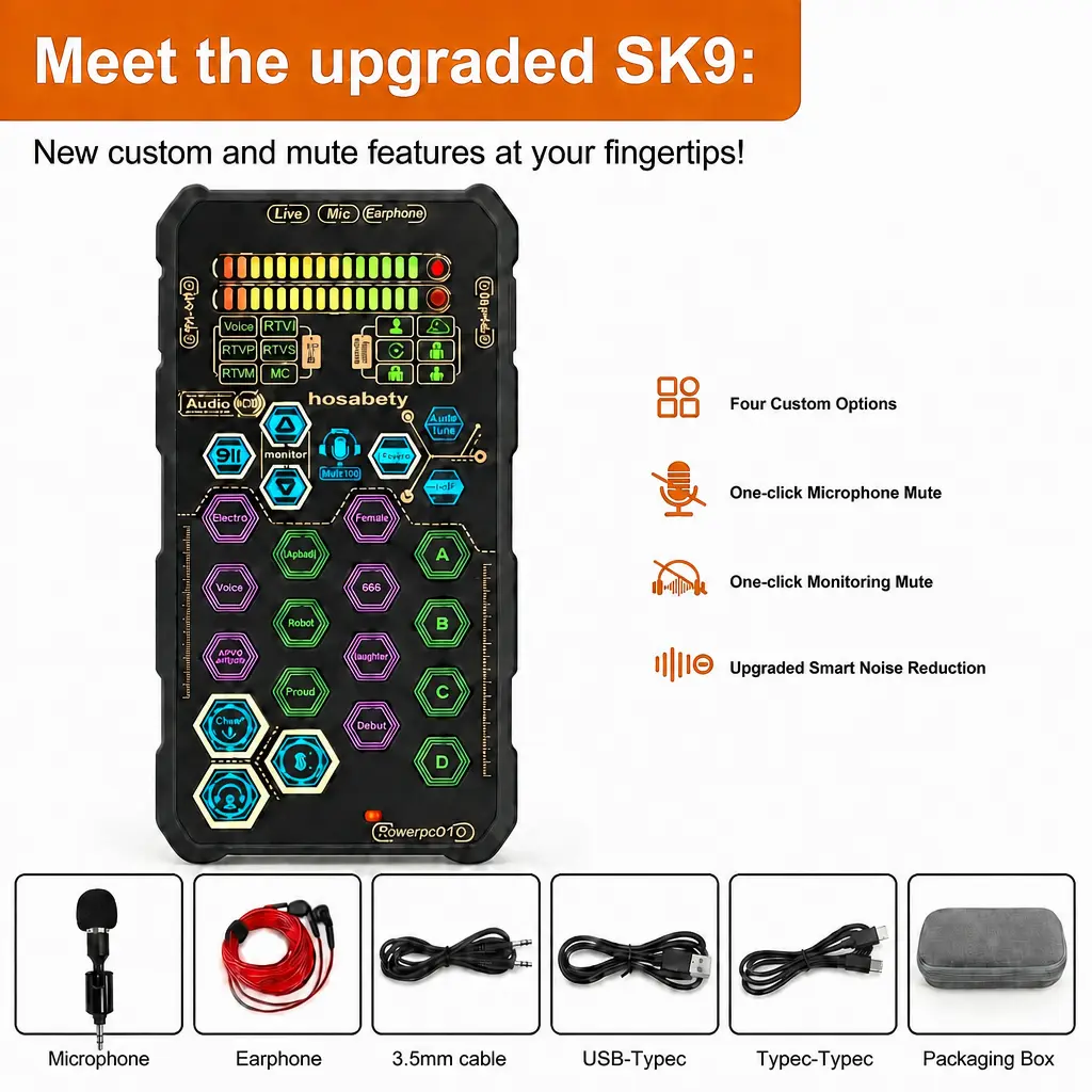 [DealsForYouDays]HOSABELY SK9 Upgrade PRO Compact Handheld Digital Sound Card Kit, Portable Audio Interface with Microphone, Gaming Accessories for iPhone, Laptop, PS5 Streaming Playback summerwins,Gifts for Men Women