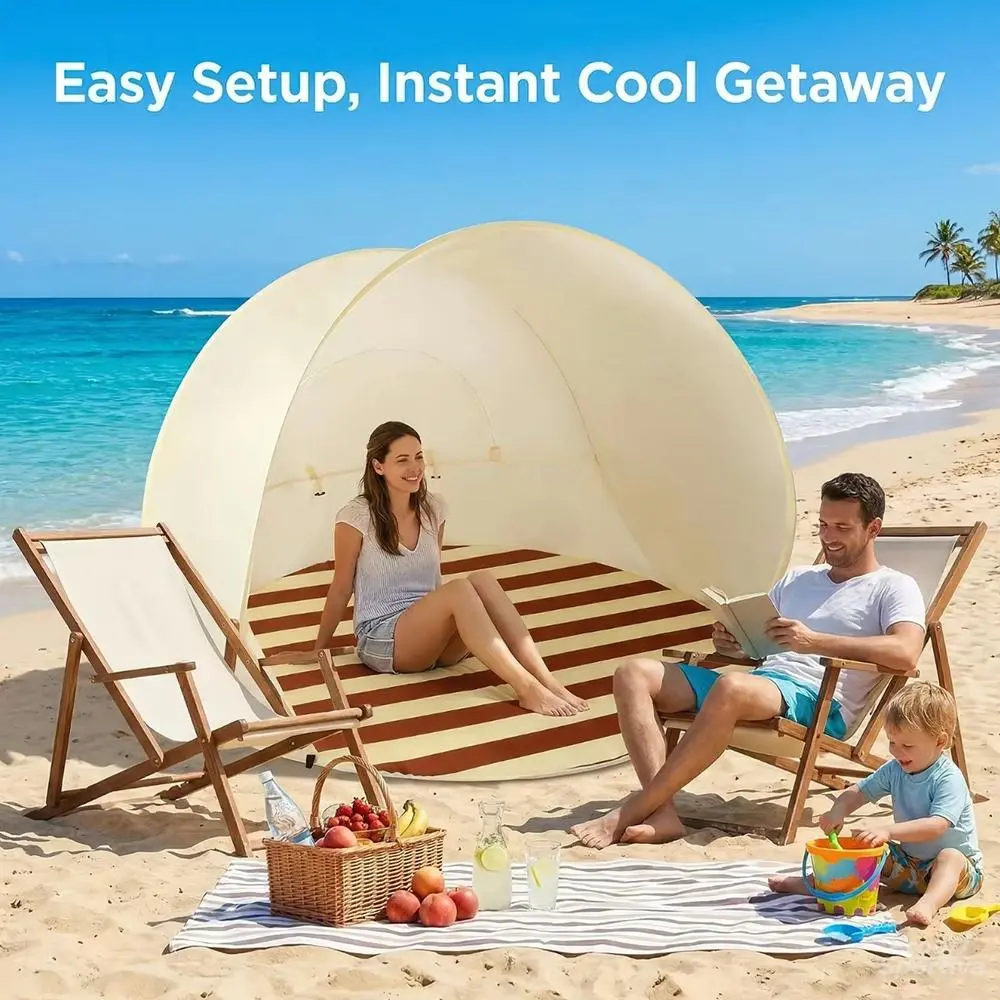 Easy Setup Pop Up Beach Tent with UV Protection Portable Space Saving Heavy Duty Polyester Sunshade Shelter for Family Gatherings Picnics Camping Moms Babies Lawn Parties Comes with Carry Bag【Summer vibes】