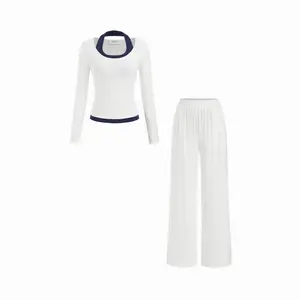 Cider Cotton-blend Halter Neckline Two Tone Top & High Rise Straight Leg Trousers Loungewear Set