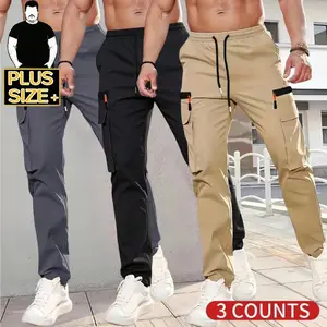 [Plus Size] Men's Cargo Joggers 3-Pack - Grey, Black & Khaki Multi-Pocket Tapered Pants with Zippered Pockets, Casual Drawstring Sweatpants for Big & Tall Men (2XL-6XL)