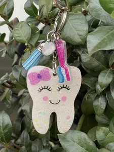 Tooth Keychain with Toothbrush Charm and Tassel, 2.5”