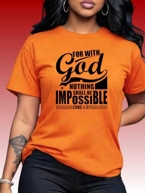 Women's Christian Style Cotton Graphic Tshirt - Luke 1:37 Bible Quote, H-Type, Fitted Backless Crew Neck Short Sleeve, Cropped Lightweight Basic Pull On, Faith-Based Fashion Bohemian Casual Top, Thanksgiving Wear, Do Not Bleach
