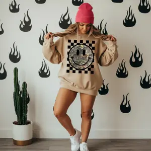 Camo Checkered Smiley Sweatshirt, Graphic Crewneck Sweatshirt, cowgirl outfits, western clothing, western tops outfits women, rodeo outfit women shirts hoodie