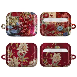 Vintage Red Floral AirPods Case – Elegant Retro Tile & Botanical Pattern, Aesthetic Protective Cover for AirPods 1,2,3,4& AirPods Pro 1, pro2, pro3, Classic Boho Style Gift for Her, Unique Artistic Design with Deep Red and Gold Accents