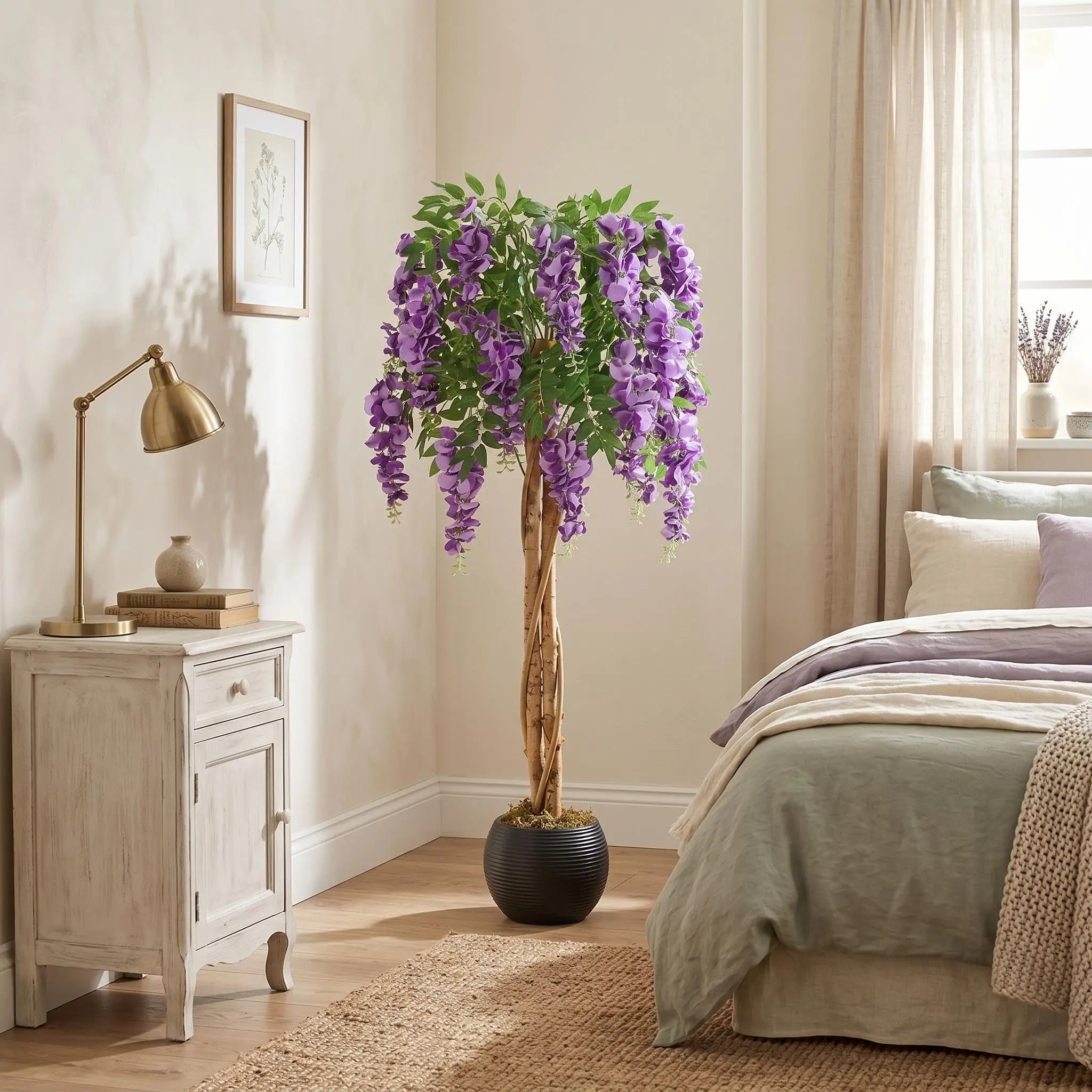 1.80m (6ft) Artificial Tree, Indoor Artificial Plant, Fake Tree with Purple Flowers and Hanging Vines, Potted Silk Artificial Plant, Tall Artificial Plant for Home Decoration, Living Room, Office, Weddings and Interior Decor.