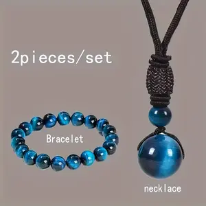 2pcs Blue Tiger'S Eye Bracelet Set - Deep Blue & Turquoise Artificial Faux Artificial Made Rock Necklace & Bracelet, Elegant Everyday & Formal Jewelry Gift for Men, Women