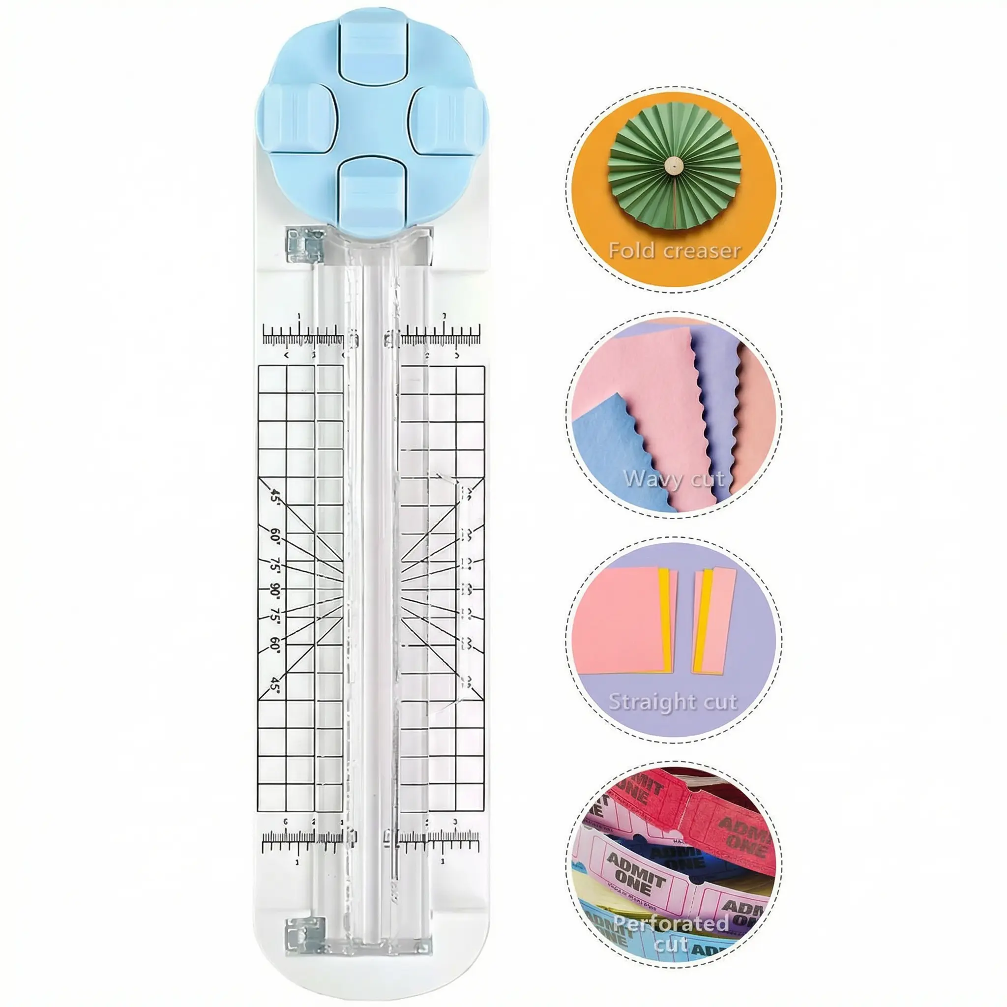 4-in-1 Multi-Blade Paper Cutter, Office Cutting Scrapbooking Tool with Straight, Wave, Perforated & Creasing Blades, 45-Degree to 90-Degree Angle Cut for Craft Paper, Wedding Invitations, Greeting Cards, Cardstock