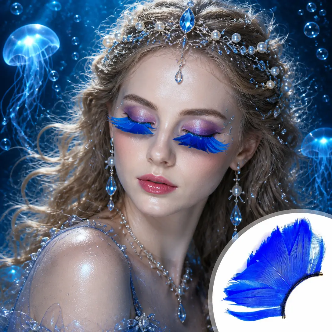 Dorisue Blue Petal Fan Feather Eyelashes — Mermaid Ocean False Lashes for Dark Fantasy, Festival, Editorial Photography