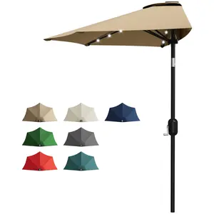Solar LED Half Patio Umbrella, 9FT Outdoor Shade Parasol, Smooth Crank Lift System, UV Protection Half Round Canopy, Weatherproof Outdoor Shade for Patio, Deck, Garden, Balcony & Backyard, Tan