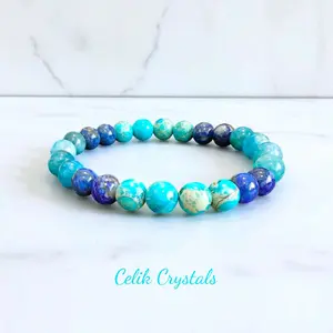 Lapis Lazuli Apatite & Imperial Jasper Bracelet Natural Stones 8mm Unisex Gemstone Jewelry - Protection, Manifestation and Communication