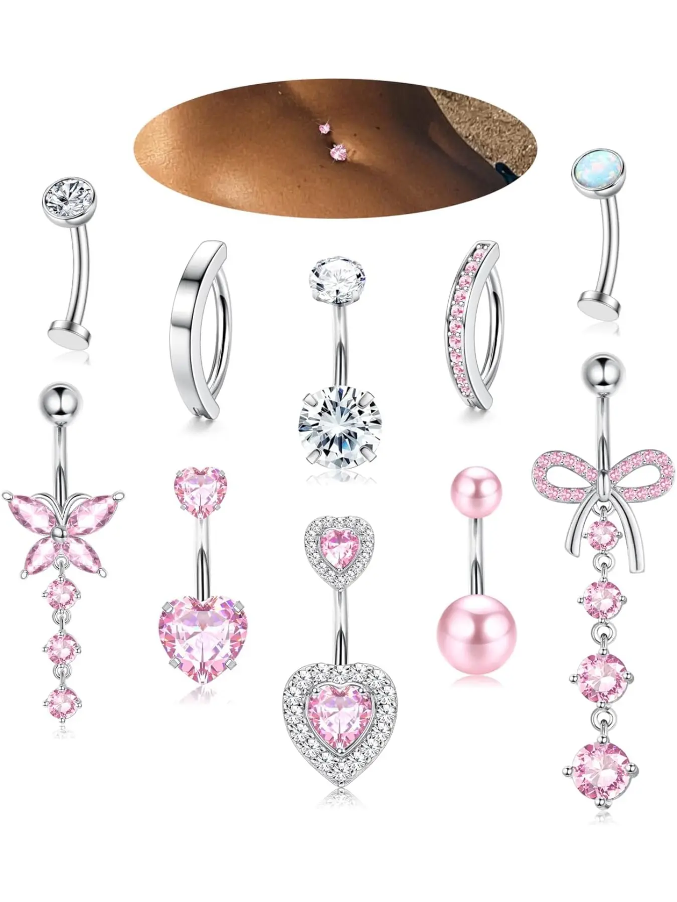10 Pcs Belly Button Rings Set, Dangle Surgical Stainless Steel, 14g Cz Heart Opal Clicker, Floating Navel Piercing Jewelry, Navel Piercing Hoop, Navel Piercing Accessories, Navel Piercings Set