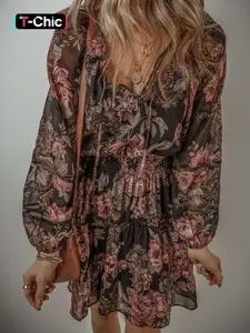 Spring Casual Vacation Women's Bohemian Floral Print Ruffle Neck High Waist Lantern Sleeve Elegant Dress