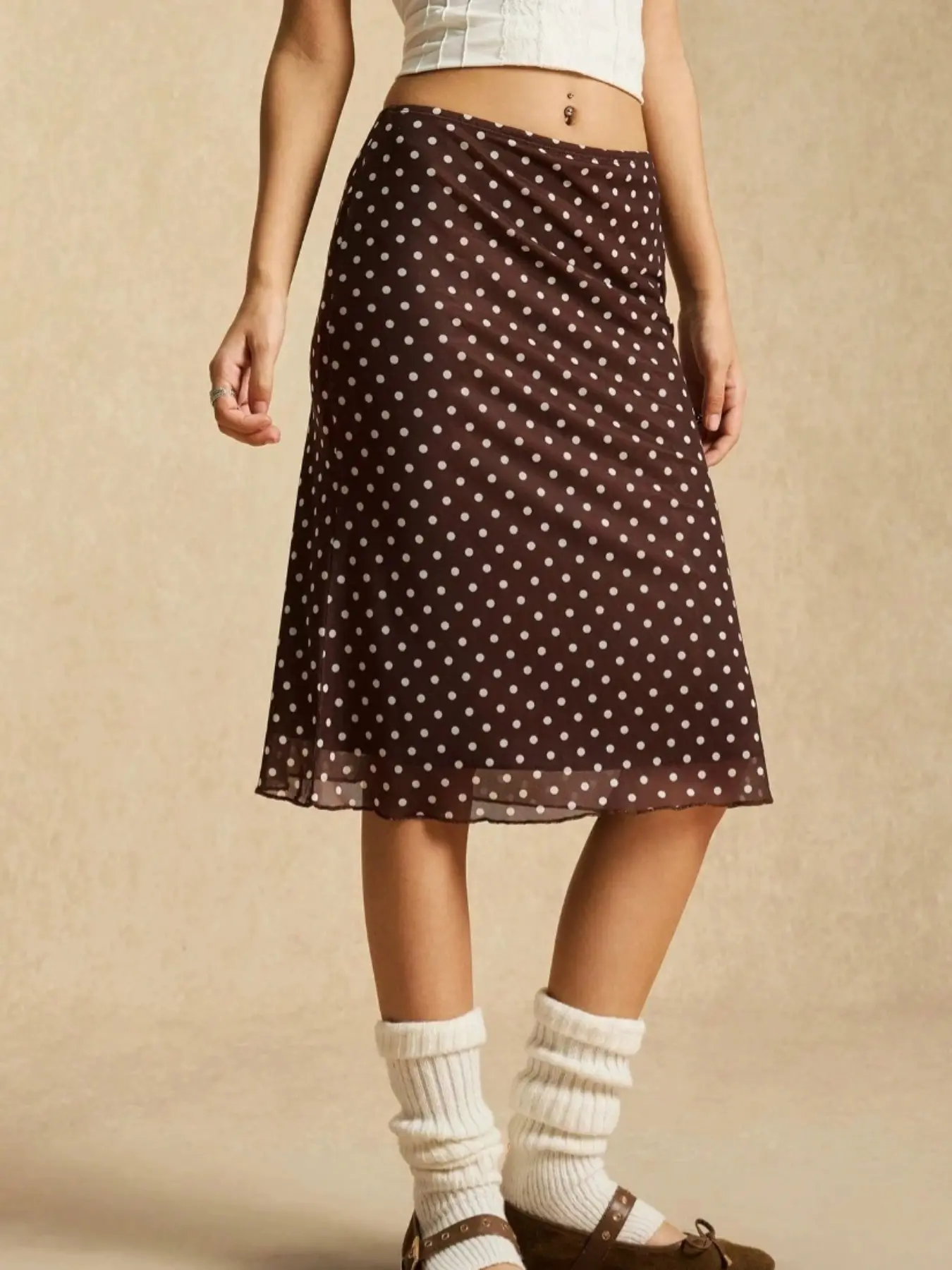 Coffee Polka Dot Mesh Casual Bodycon Skirt, Bottom, Midi Length, Vintage Style, All Seasons, 2026 Fashion, Women's Clothing, Womenswear