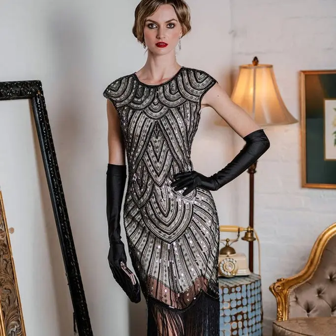 green emerald velvet dress US Warehouse] Black 1920s Beaded Fringed Flapper Dress