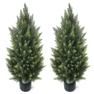 3FT Artificial Cedar Topiary Trees (2-Pack) - UV Protected Faux Pine Christmas Trees for Porch & Garden, Realistic Tall Potted Fake Plants, Ideal Housewarming for Home Decor