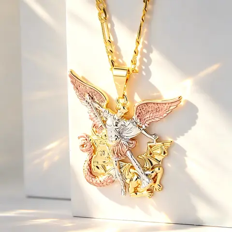 St. Michael Single Pendant Necklace - 14K Gold Plated Chain, Vintage Elegant Unisex Saint Graphic Jewelry for Women, Christmas/Halloween/Party Accessory, Thoughtful Gift