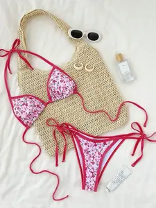 Women's Sexy Summer Beach Bikini Set, Spaghetti Strap Bikini, High-Slit Thong Triangle Top & Side-Tie Thong Two-Piece Swimsuit, Plain Style, Triangle Top Bikini Flat