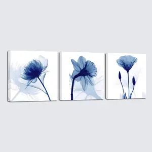Art Blue Abstract Flowers 3 Panels Canvas Prints Wall Art Modern Pictures Artwork for Living Room Bedroom and Home Decorations