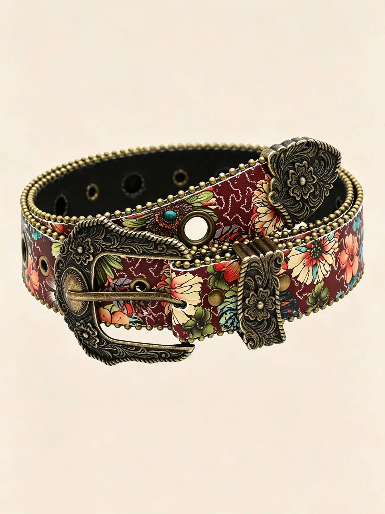 Vintage Floral Print Women's Belt, Antique Brass Rivet PU , Boho Style, Perfect for Music Festivals, Daily Wear, Jeans, Dresses, Pu Leather Belts, Printed Belts