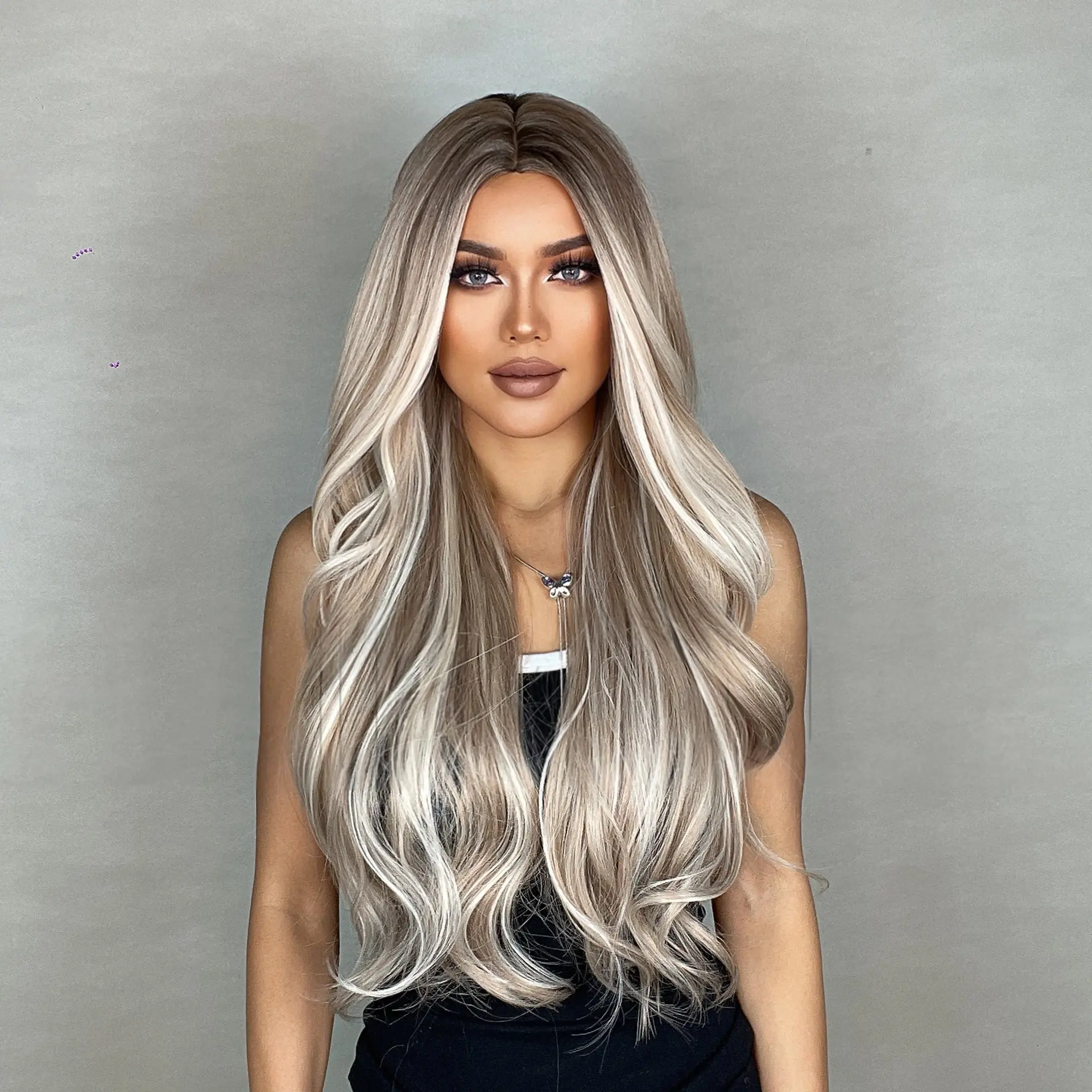 Long Wavy Ash Blonde Ombré Wig with Dark Roots Heat-Resistant Synthetic Hair Face-Framing Highlights Realistic Middle Part for Daily Wear & Parties