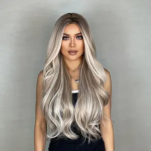 Long Wavy Ash Blonde Ombré Wig with Dark Roots Heat-Resistant Synthetic Hair Face-Framing Highlights Realistic Middle Part for Daily Wear & Parties