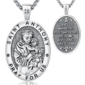 DRINSPER S925 Saint Anthony Necklace Sterling Silver Pendant Necklace Christian Jewelry St Athony Necklace Protection Jewelry for Student for Traveler for Teacher