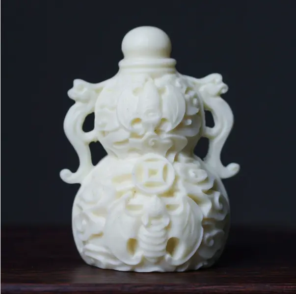 Ivory Nut Carved Fu Lu Gourd Ornament - Wooden Craft for Home Desktop Decor