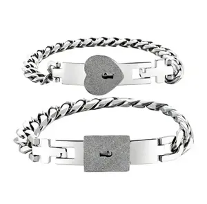 Matching Couple Lock Bracelet Set, Stainless Steel Heart & Square Cuban Chain Bracelets, Valentine’s Day Gift