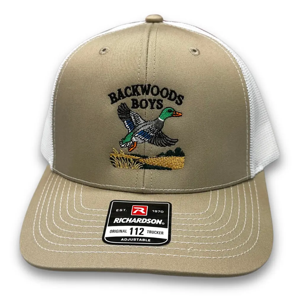 Backwoods Boys Flying Duck Trucker Hat - Tan/White Low Country Snapback, Camping Style, Classic Logo, Casual, Cool Airflow Hat, Camping Style Hats