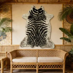 Zebra Pattern Faux Fur Blanket Rug, Irregular Design Multifunctional Decorative Mat, Floor Covering & Wall Hanging Option, Includes Hooks
