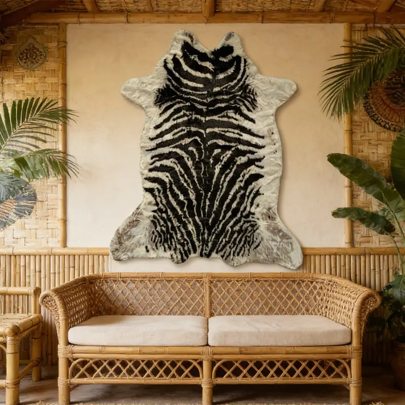 Zebra Pattern Faux Fur Blanket Rug, Irregular Design Multifunctional Decorative Mat, Floor Covering & Wall Hanging Option, Includes Hooks, Animal Themed Rugs