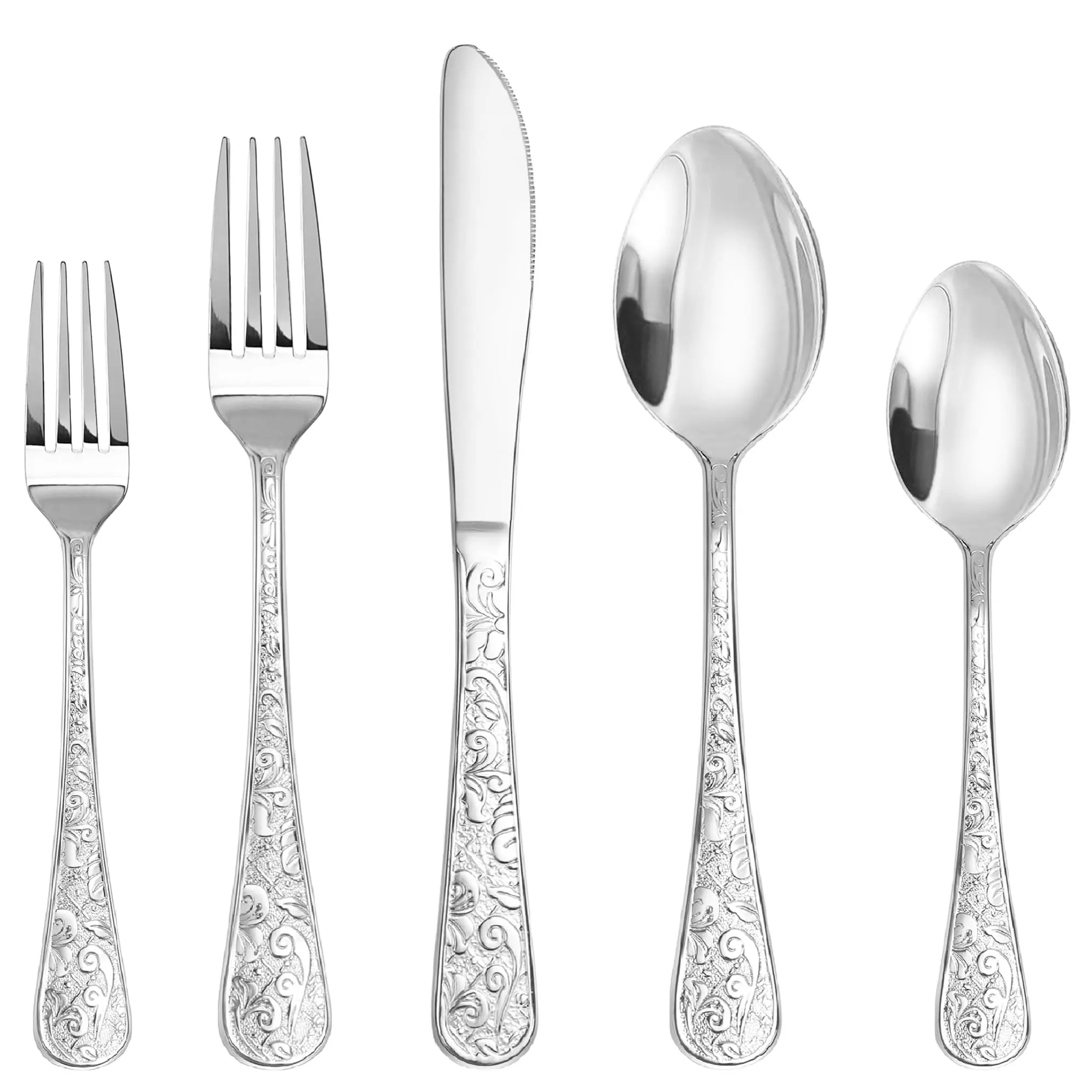 Vintage Floral Embossed Shaped 20-Piece Stainless Steel Flatware Set - Service for 4, Glossy Cutlery for Pasta, Steak Use, Retro Engraved Tableware for Apartments, College Dorms, Whole Family Everyday Dining, Dishwasher Safe