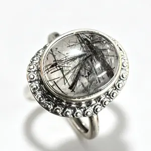 Natural Black Rutilated Quartz Adjustable Ring, 925 Sterling Silver