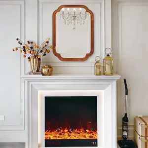 Yellowish Brown Color 24" x 36" Solid Wood Frame Rounded Corner Decorative Mirror, For Bedroom, Bathroom, Living Room, Entryway