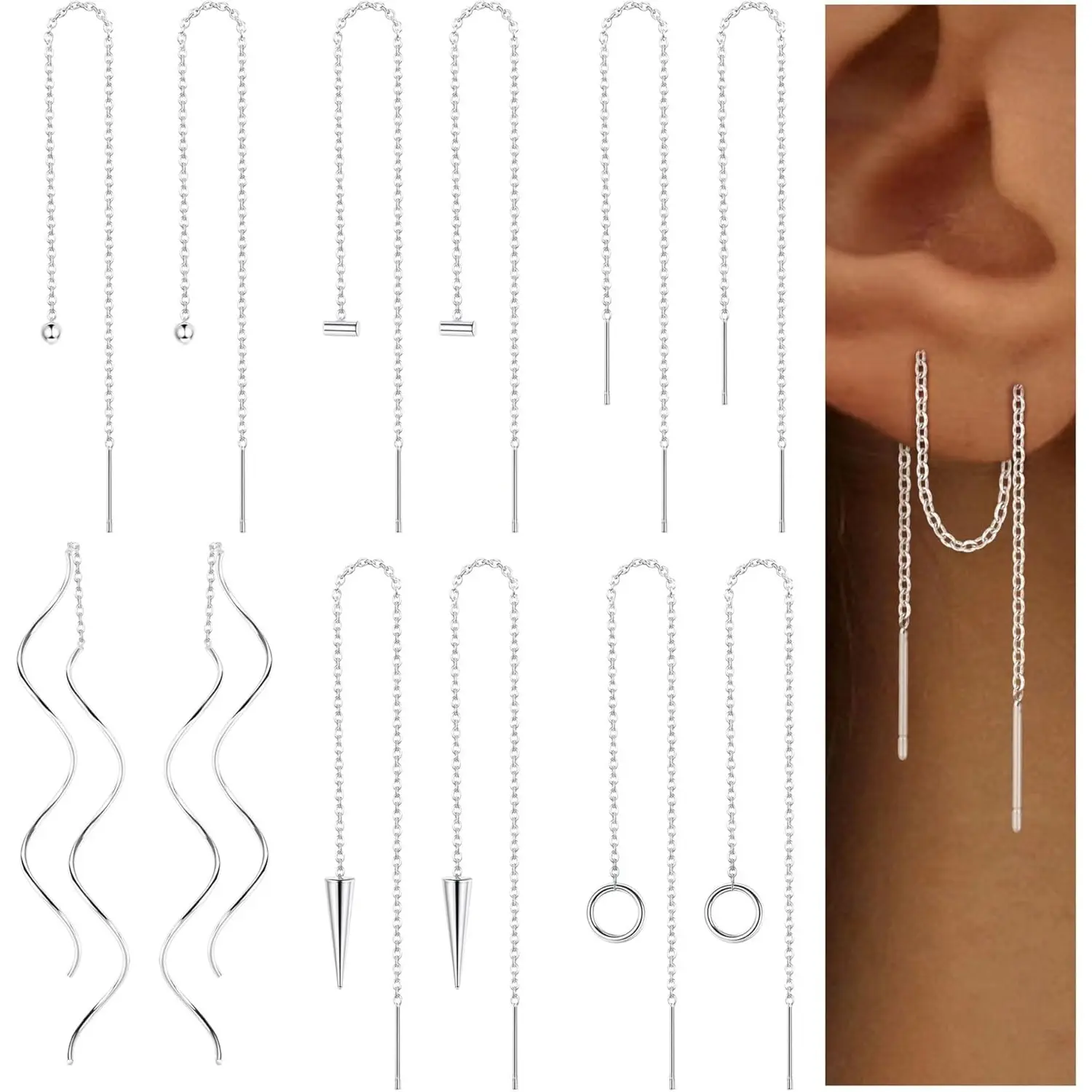 YADOCA Earring Stack, 6-Pair Stainless Steel Dangle Drop Set for Women featuring Minimalist Long Chains, Tassels, and Wave Threaders, Jewelry Stack, Lightweight, Surgical Steel
