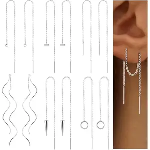 YADOCA 6 Pairs Stainless Steel Chain Tassel Earrings for Women Lightweight Wave Threader Ball Dangle Drop Minimalist Chain Earrings Set