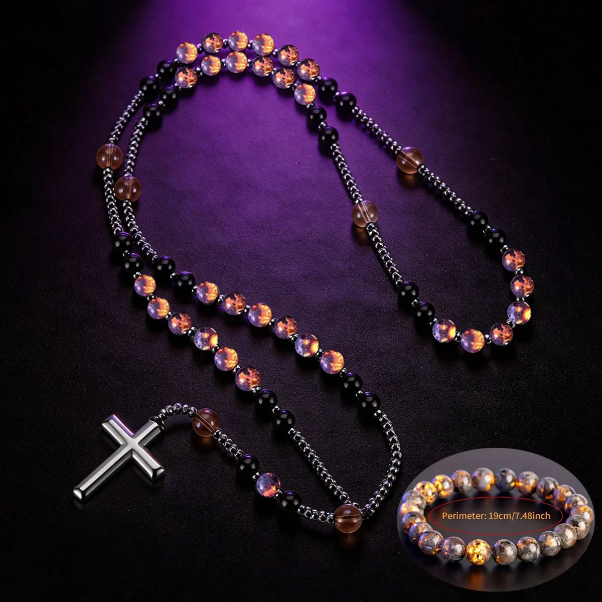 Natural Obsidian Yooperlite Rosary Necklace and Bracelet set, UV Reactive Protection Necklace Hematite Stone Cross Pendant Necklace, Natural Stone Beads Beaded Bracelet,Best Gift for her, Gift for him