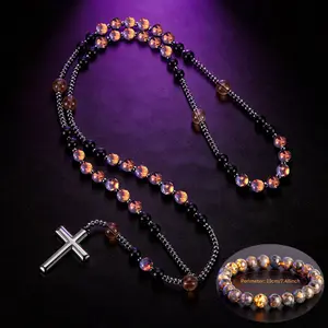 Natural Obsidian Yooperlite Rosary Necklace and Bracelet set, UV Reactive Protection Necklace Hematite Stone Cross Pendant Necklace, Natural Stone Beads Beaded Bracelet,Best Gift for her, Gift for him