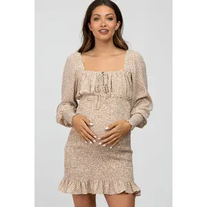 Cream Leaf Print Smocked Maternity Dress