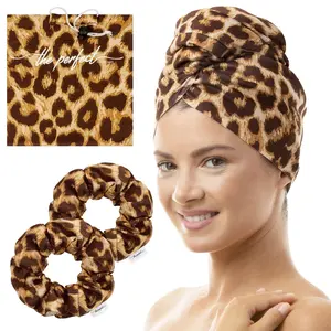 THE PERFECT HAIRCARE Leopard Print Microfiber Hair Towel Wrap & 2 Smooth Large Drying Ties Anti-Frizz Gentle Absorbent Scrunchies for Wet Hair Care