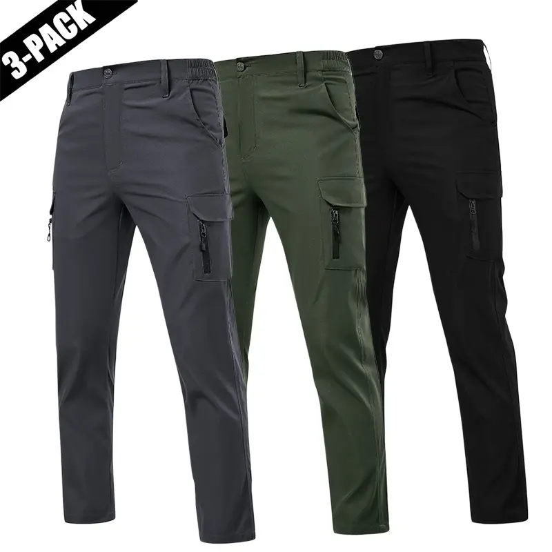 Men’s 3-piece tactical cargo pants set, menswear, mid-rise with zipper closure, slim fit, multi-pocket design, durable breathable polyester fiber material, suitable for all seasons, fashionable casual style, ideal for construction work.