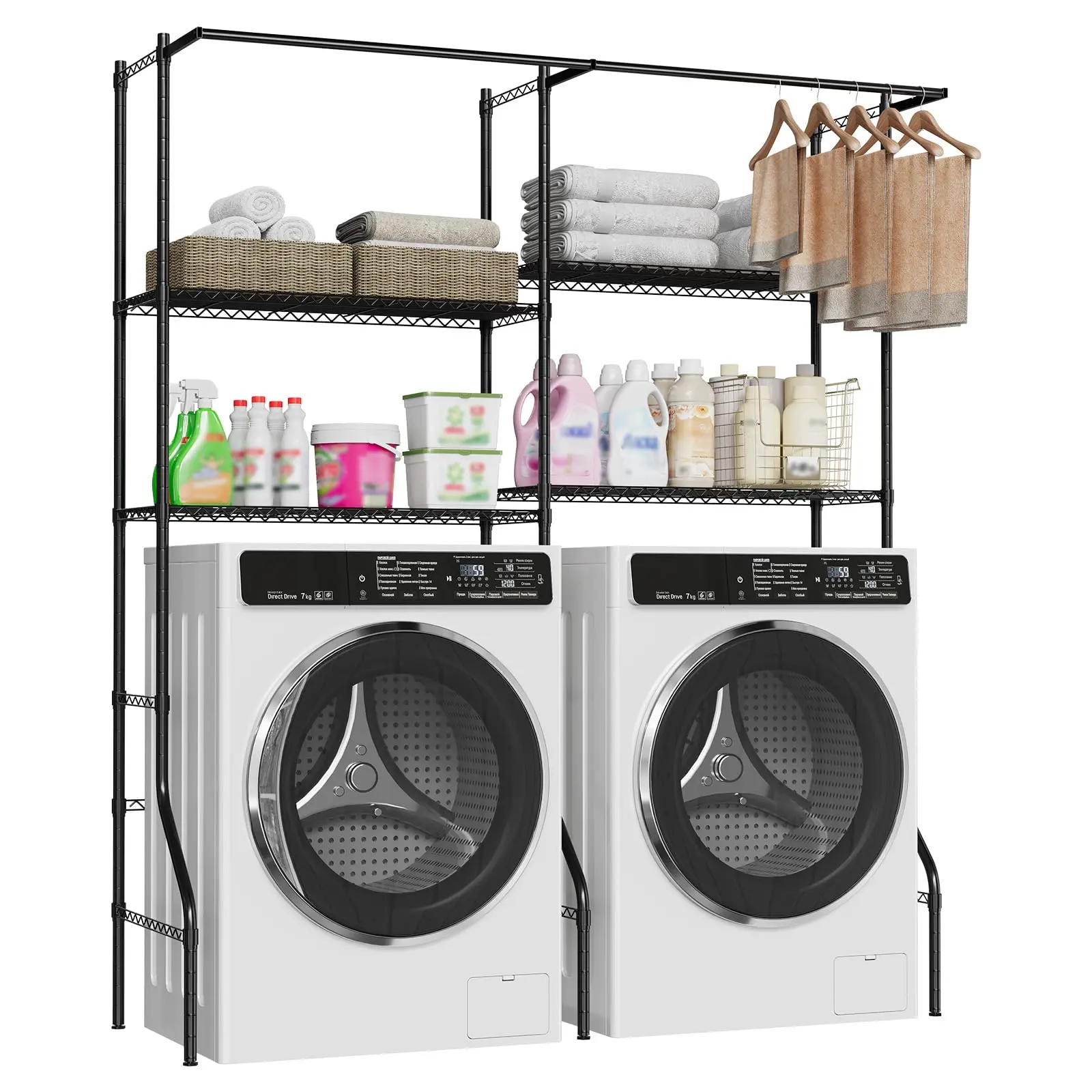 Garvee Over Washer and Dryer Storage Shelves, Adjustable Height 4-Tier Clothes Drying Rack with Hanger Rod & Hook, Heavy Duty Laundry Room Storage Organization, Space Saving, Black