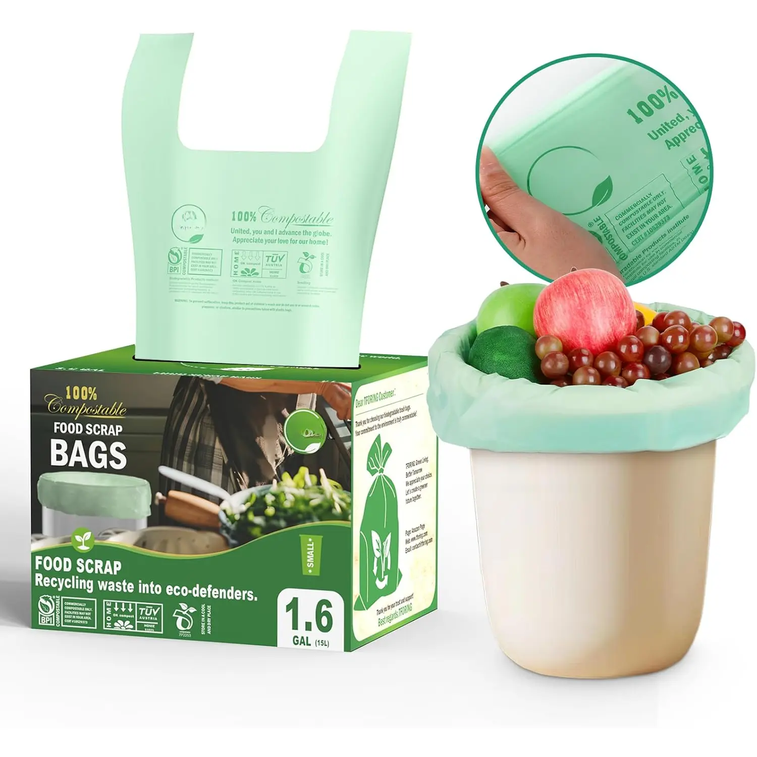 Small Compost Bags with Handle Tie,1.6 Gallon Compostable  Scrap Bags For Counter Top Compost Bin, 80 Count, 6 Liter, BPI & OK compost INDUSTRIAL Certified