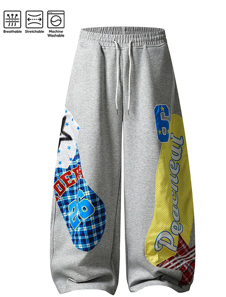 TELLFUN--Men's Low-Waist Y2k Grunge Barrel Sweatpants - Baggy Fit, Loose-Fitting Wide-Leg, Graphic Print Activewear with Adjustable Drawstring for Teens
