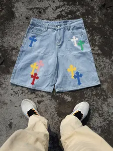 1 Pair Men's Colorful Cross Graphic Denim Shorts #HypebeastShorts, Streetwear Style, Relaxed Fit, Loose, Ideal for Men's Summer Casual/Street Outfits