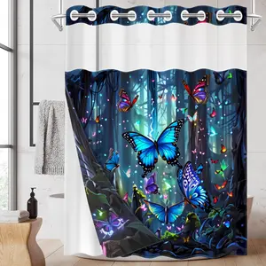 1PC 2D Flat Hookless Double Layer Shower Curtain, Shower Essentials, Magic Forest Butterfly Printed Waterproof Fabric, Fairy Tale Style Home Decoration, Hotel, Home Bathroom Accessories, Transparent Top Window Detachable Snap on Lining, 71 x 74 inches