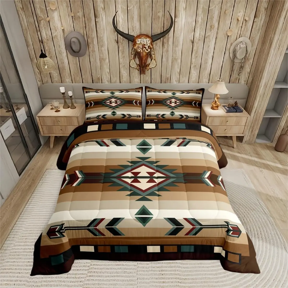 Feelyou Quilted Bedspread Set - Rustic American Native Southwest Aztec Geometric Design, Breathable Bedding for Men, Twin-Size Option