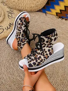 Women's Fashion Leopard Print Lace Up Gladiator Wedge Platform Sandals, Casual Comfortable Wedge Sandals for Summer, Female All-match Round Toe Shoes for Daily Wear, Girl, Leopard Print Footwear, Fashionable Wedge Shoes