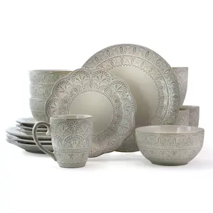 212 MAIN 16-Piece Contemporary White Lace Accents Luxurious Stoneware Dinnerware Set, 4-Person Complete Setting with Dishes, Round Plates, Microwave-Safe Cutlery, Dinnerware Sets